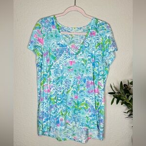 Lilly Pulitzer XL Scenic Print T Shirt Blue Pink Tropical Resort Beach Tee